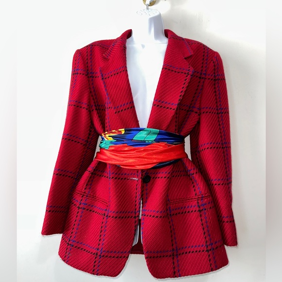 Vintage  Red Wool Pane Style Plaid Blazer By BERNARD HOLTZMAN Size 14 - Picture 11 of 13